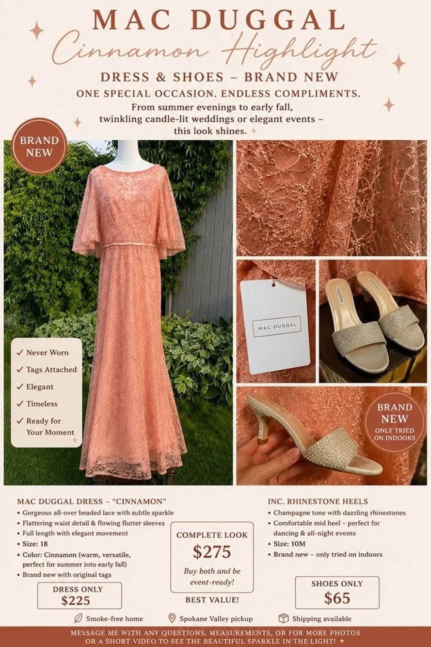 One-Stop Shopping Brand New Mac Duggal Cinnamon Designer Gown + Rhinestone Heels